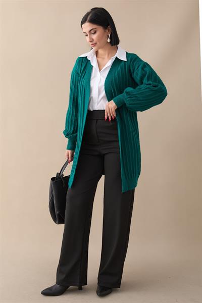 Peluş Fitilli Zümrüt Yeşili Triko Hırka