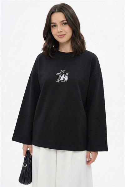 Penguen Nakışlı Oversize Siyah Sweat