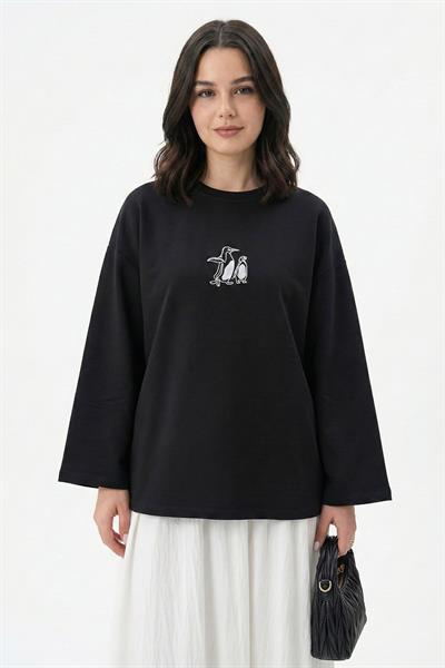 Penguen Nakışlı Oversize Siyah Sweat