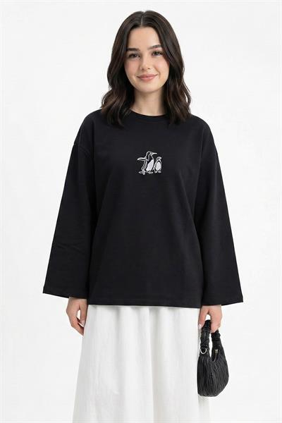 Penguen Nakışlı Oversize Siyah Sweat