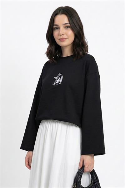 Penguen Nakışlı Oversize Siyah Sweat