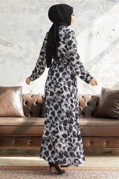 Perla Desenli Beli Kuşaklı Saten Elbise - Beyaz