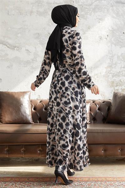 Perla Desenli Beli Kuşaklı Saten Elbise - Bej