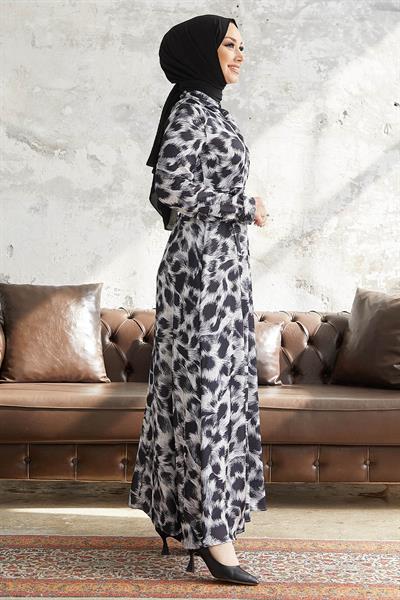 Perla Desenli Beli Kuşaklı Saten Elbise - Beyaz