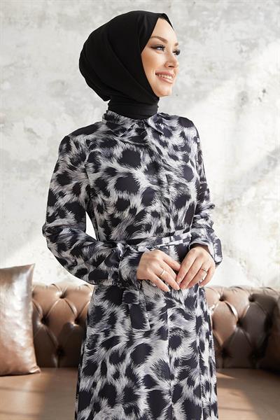 Perla Desenli Beli Kuşaklı Saten Elbise - Beyaz