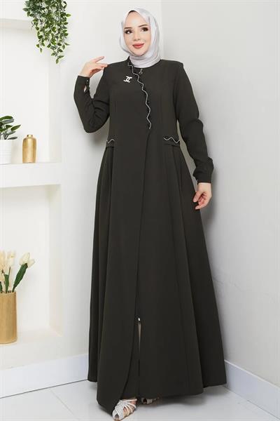 Petek Taşlı Broş Detay Haki Ferace