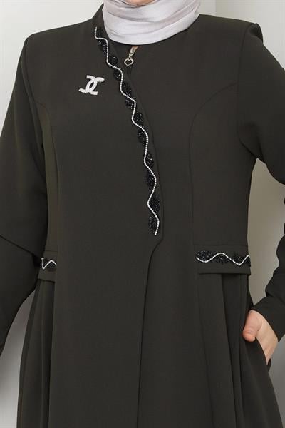 Petek Taşlı Broş Detay Haki Ferace