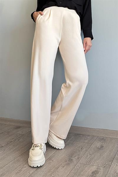 Pile Detay Bol Paça Ekru Pantolon