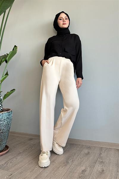 Pile Detay Bol Paça Ekru Pantolon