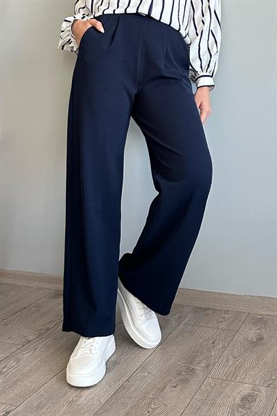 Pile Detay Bol Paça Lacivert Pantolon