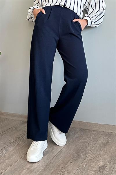 Pile Detay Bol Paça Lacivert Pantolon