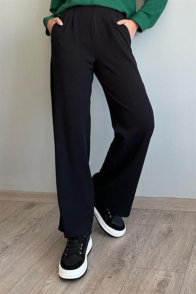 Pile Detay Bol Paça Siyah Pantolon