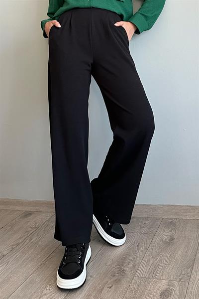 Pile Detay Bol Paça Siyah Pantolon