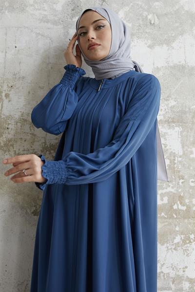 Pileli Detay Büzgülü İndigo Ferace