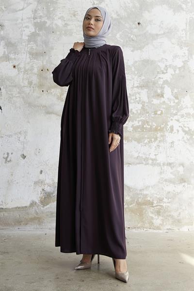 Pileli Detay Büzgülü Mürdüm Ferace