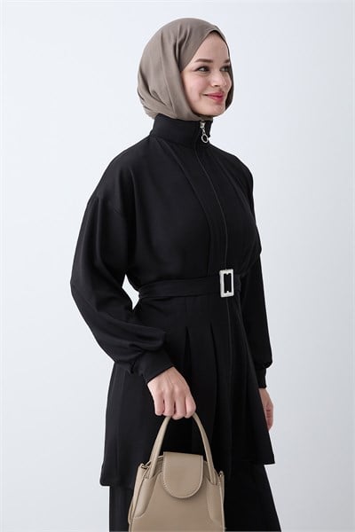 Pileli Kemerli Siyah İkili Takım