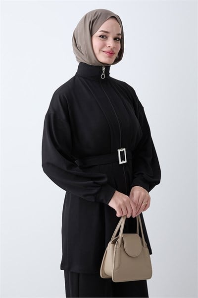 Pileli Kemerli Siyah İkili Takım