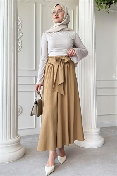 Pileli Kuşak Detay Bej Etek