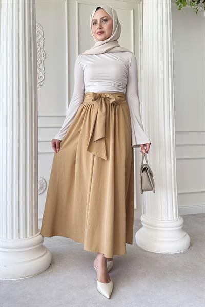 Pileli Kuşak Detay Bej Etek