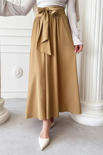 Pileli Kuşak Detay Bej Etek