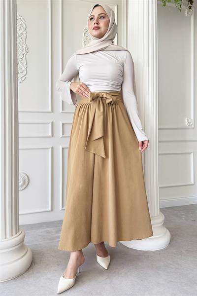 Pileli Kuşak Detay Bej Etek