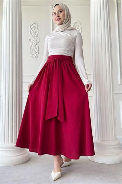 Pileli Kuşak Detay Bordo Etek