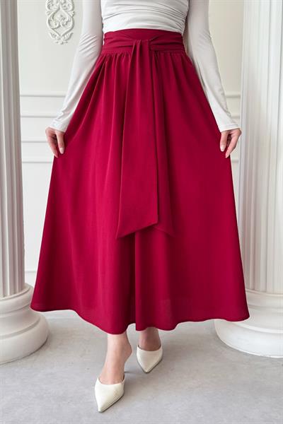 Pileli Kuşak Detay Bordo Etek