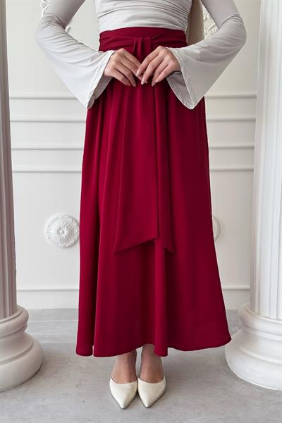 Pileli Kuşak Detay Bordo Etek