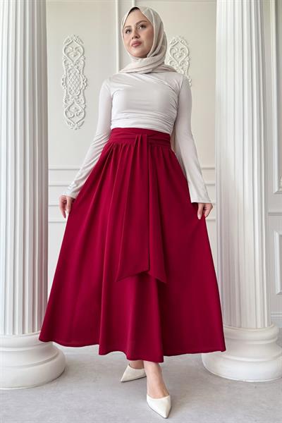 Pileli Kuşak Detay Bordo Etek