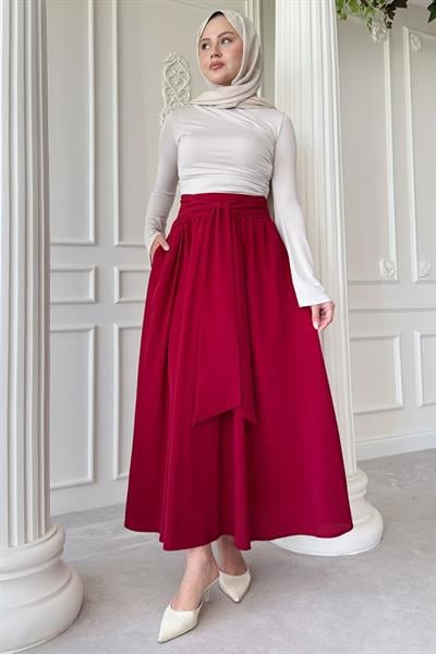 Pileli Kuşak Detay Bordo Etek