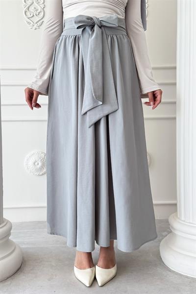 Pileli Kuşak Detay Gri Etek