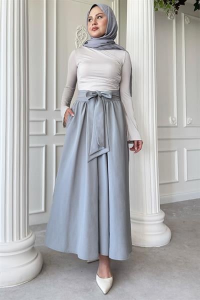 Pileli Kuşak Detay Gri Etek