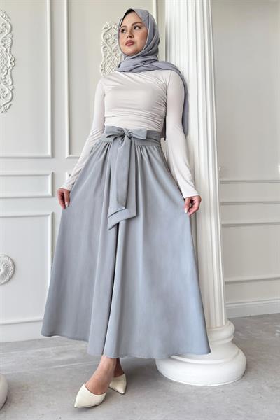 Pileli Kuşak Detay Gri Etek
