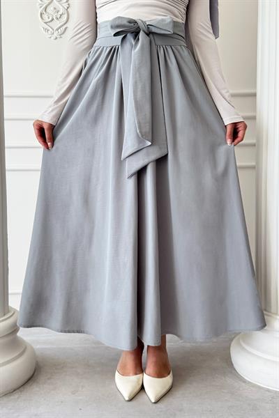 Pileli Kuşak Detay Gri Etek