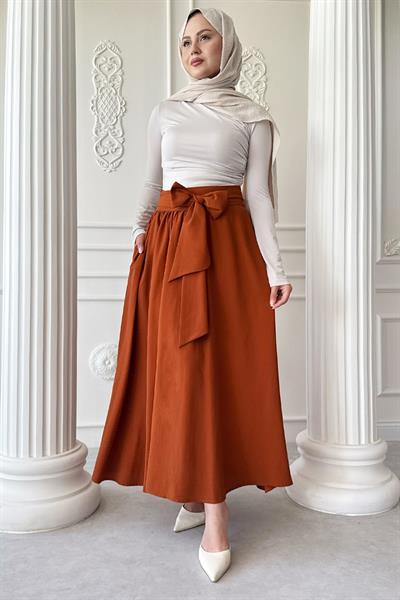 Pileli Kuşak Detay Kiremit Etek