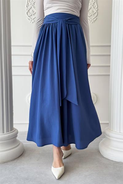 Pileli Kuşak Detay Saks Mavisi Etek