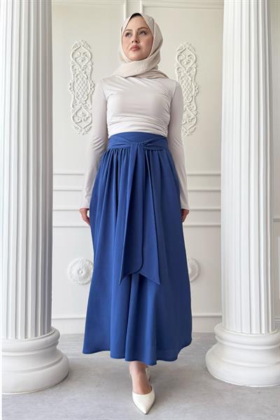 Pileli Kuşak Detay Saks Mavisi Etek