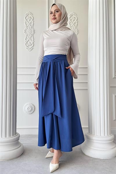 Pileli Kuşak Detay Saks Mavisi Etek