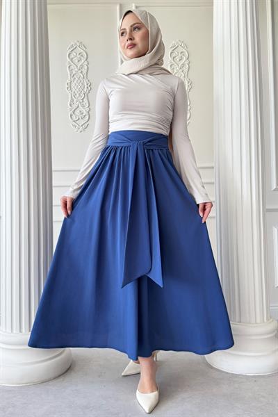 Pileli Kuşak Detay Saks Mavisi Etek