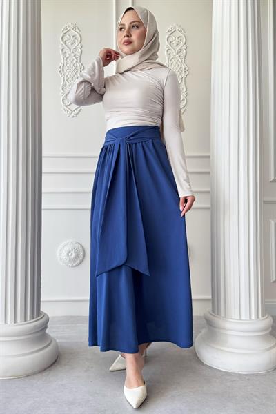 Pileli Kuşak Detay Saks Mavisi Etek