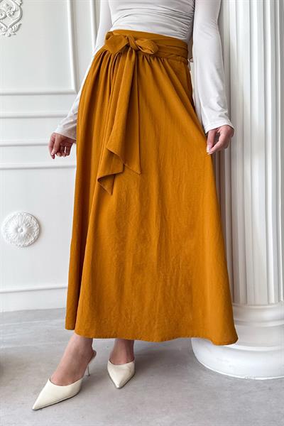 Pileli Kuşak Detay Sarı Etek