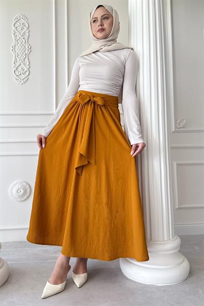 Pileli Kuşak Detay Sarı Etek