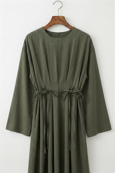 Pileli Kuşaklı Haki Elbise