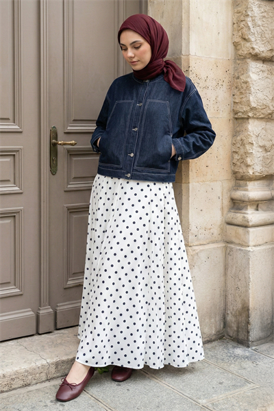 Pileli Puantiyeli Beyaz Etek