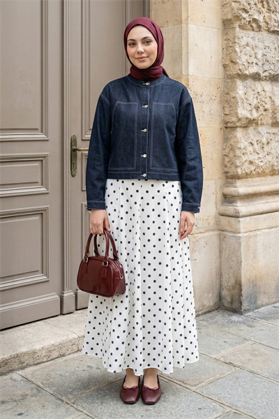 Pileli Puantiyeli Beyaz Etek