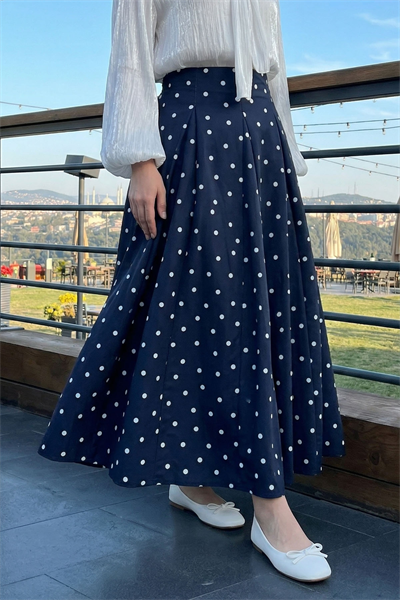 Pileli Puantiyeli Lacivert Etek