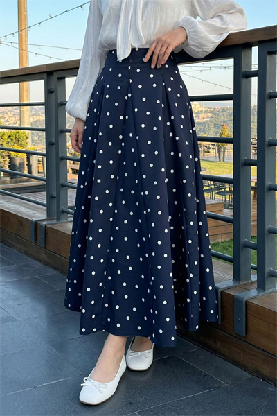 Pileli Puantiyeli Lacivert Etek