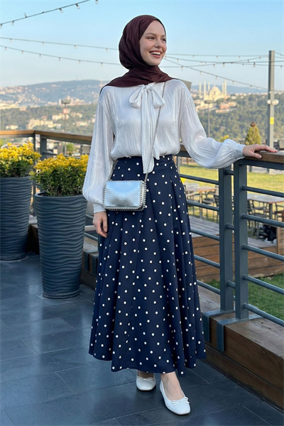 Pileli Puantiyeli Lacivert Etek