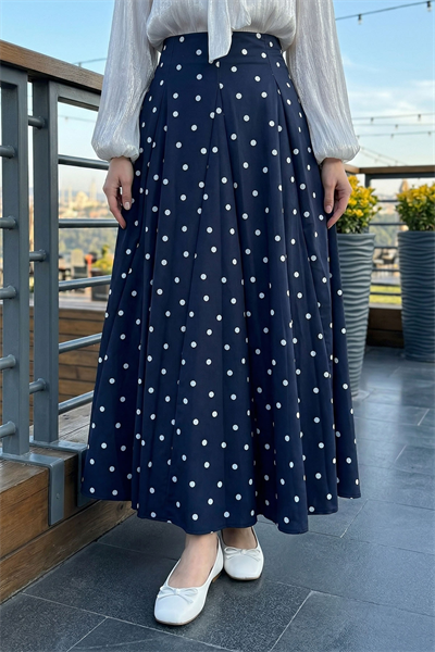 Pileli Puantiyeli Lacivert Etek