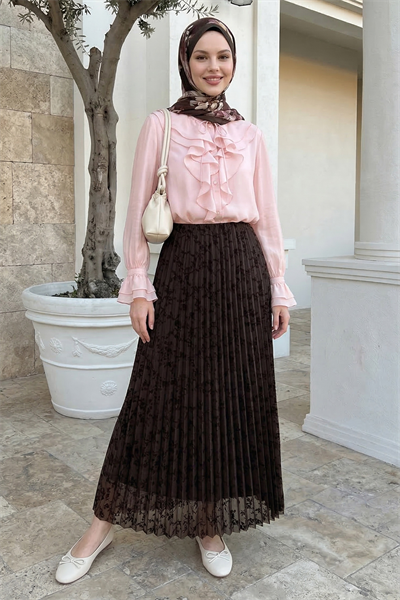 Piliseli Çiçekli Acı Kahve Flok Etek